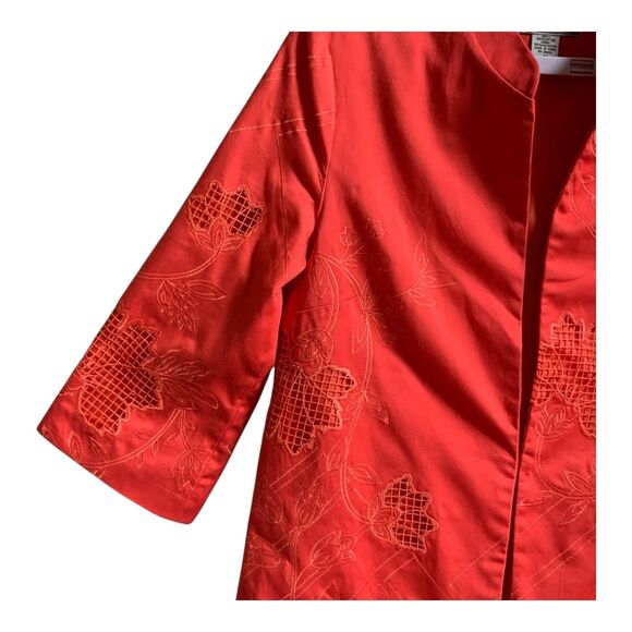 Birch Hill Jacket SZ MED Coral Orange Embroidered Tulips Cut Out Button Up - Picture 3 of 14